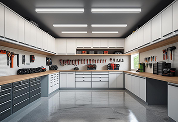 Modern, well-organized custom garage with cabinetry, workbenches, tool storage, and overhead lighting, exemplifying tailored solutions in Alpine, California.