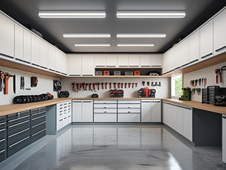 Modern, well-organized custom garage with cabinetry, workbenches, tool storage, and overhead lighting, exemplifying tailored solutions in Alpine, California.