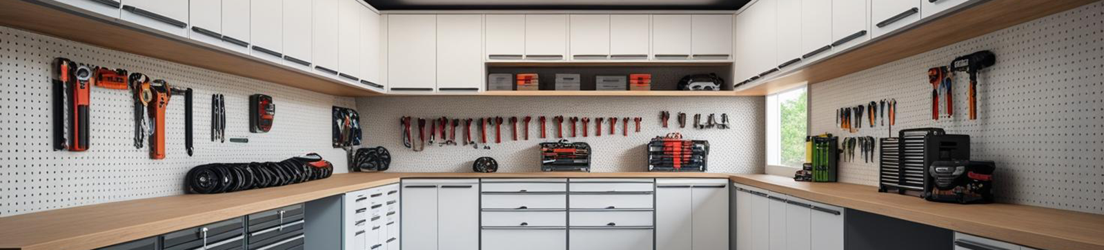 Modern, well-organized custom garage with cabinetry, workbenches, tool storage, and overhead lighting, exemplifying tailored solutions in Alpine, California.