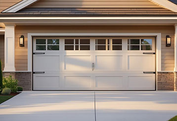 Front-facing view of an elegant, white carriage-style garage door with windows, freshly installed on a suburban home in Alpine, California.