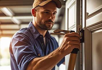 Technician using tools to maintain a residential garage door, ensuring reliable performance and safety in Alpine, California.