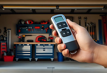 Close-up of a hand holding a garage door remote with an organized garage and tools in the background, representing remote and opener services in Alpine, California.