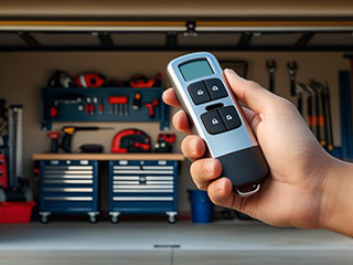 Person Holding Garage Door Remote in Front of Organized Garage, Alpine, CA Close-up of a hand holding a garage door remote with an organized garage and tools in the background, representing remote and opener services in Alpine, California.