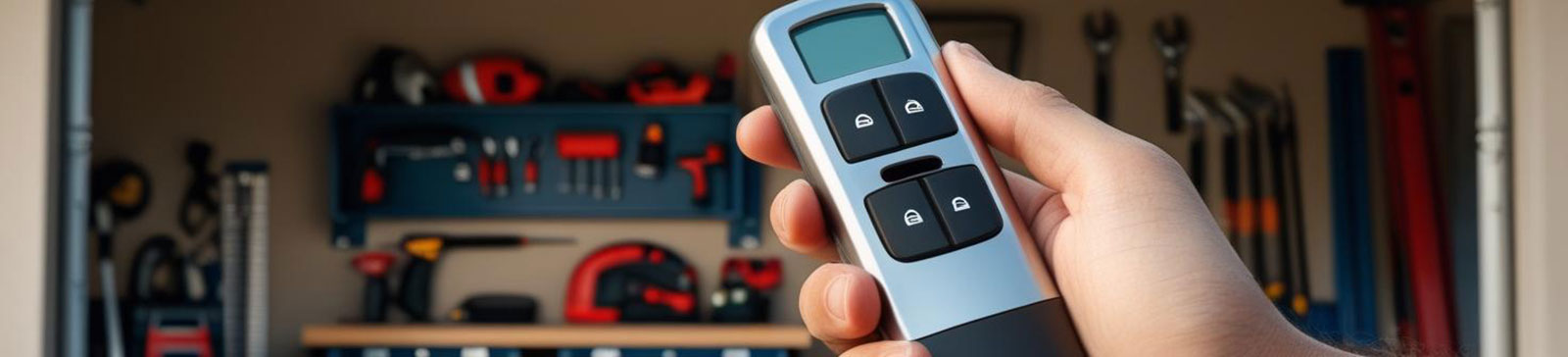 Close-up of a hand holding a garage door remote with an organized garage and tools in the background, representing remote and opener services in Alpine, California.