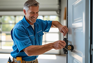 Skilled service technician adjusting and repairing garage door components inside a bright Alpine, California garage.