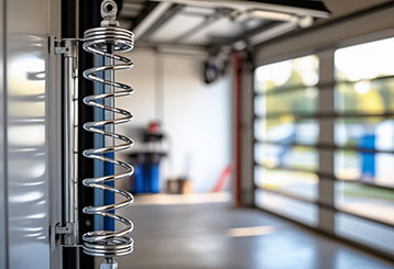 Close-up of a newly installed, polished garage door spring inside a residential garage—representing professional spring repair and replacement services in Alpine, California.