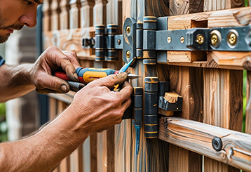 Close-up of a professional technician adjusting and repairing a sturdy wooden gate with heavy-duty hinges in Alpine, California.